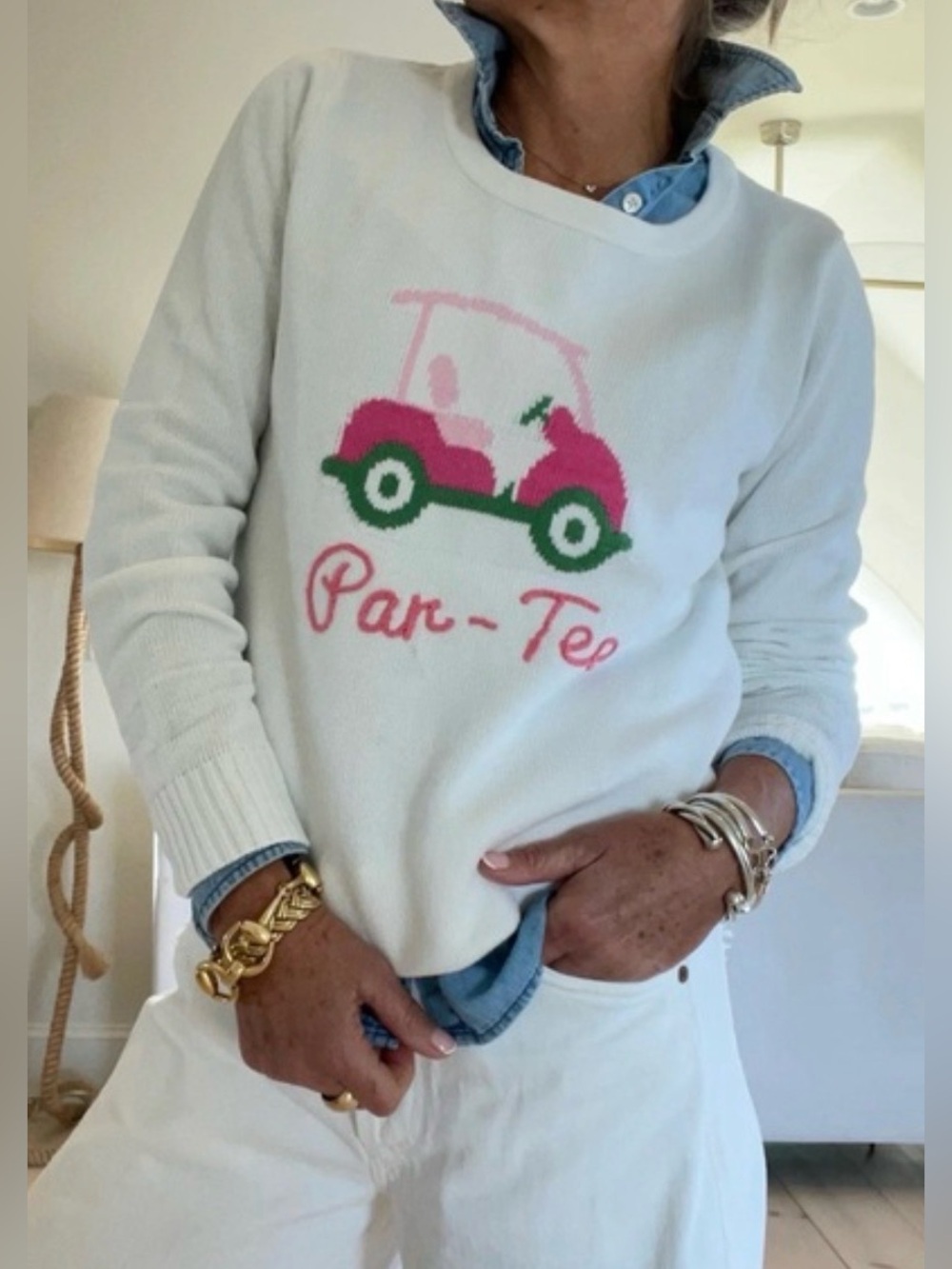 PINK PINEAPPLE Classic Lightweight Cotton "Part-Tee" Knit Golf Sweater White M